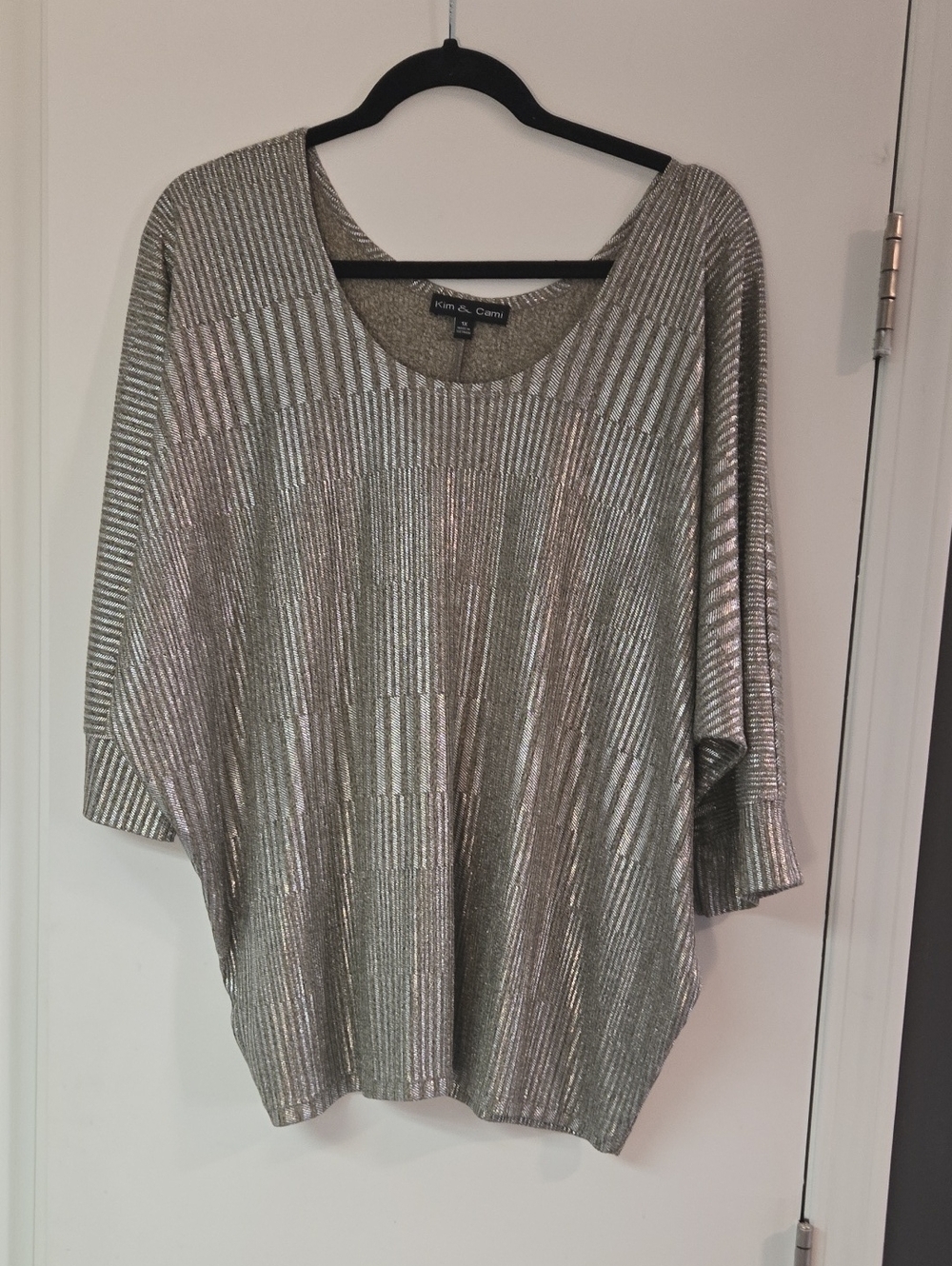 Kim & Cami Metallic Silver Ribbed Boatneck Top